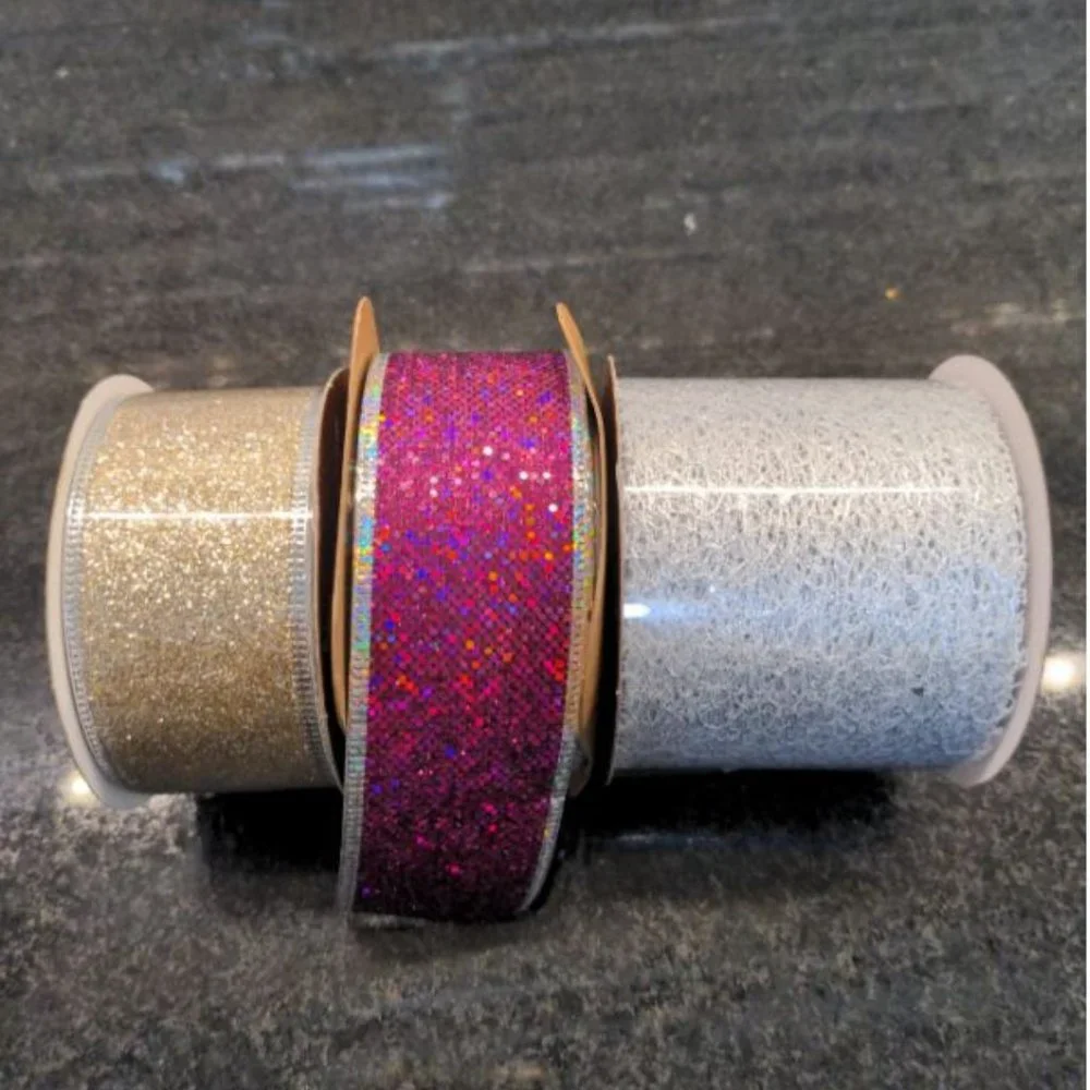 PAPYRUS Party Holiday Paper Destiny Craft Ribbon lot of 3 silver lace gold pink